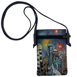 Anuschka Lady Liberty Fireworks RFID Blocker Leather Crossbody Phone Wallet Bag